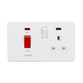 45A Cooker Switch + 1 Gang 13A Switched Socket with Neon Screwless Matt White Flat Metal Plate Knightsbridge SFR8333NMW