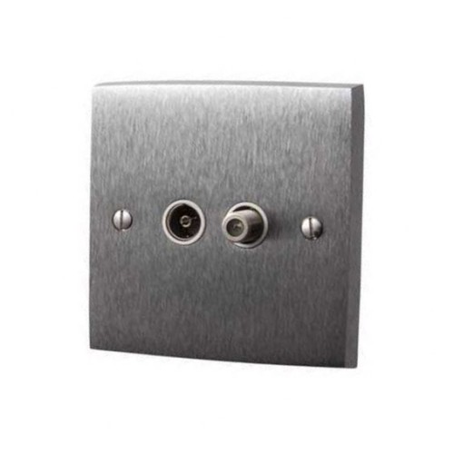 Satellite and TV Socket Outlet Victorian Satin Chrome Plain Edge Raised Plate with a White Trim