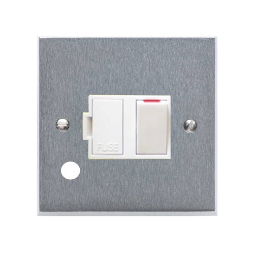 1 Gang 13A Switched Spur with Cord Outlet Victorian Satin Chrome Plain Edge Raised Plate White Trim and Switch