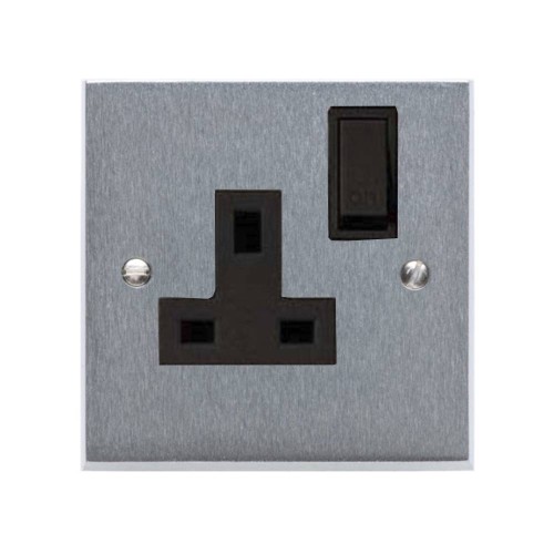 1 Gang 13A Switched Single Socket Victorian Satin Chrome Plain Edge Raised Plate Black Switch and Trim