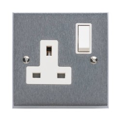 1 Gang 13A Switched Single Socket Victorian Satin Chrome Plain Edge Raised Plate White Switch and Trim