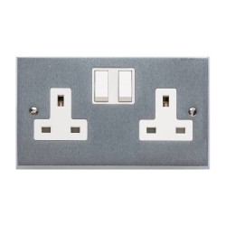 2 Gang 13A Switched Twin Socket Victorian Satin Chrome Plain Edge Raised Plate White Switch and Trim