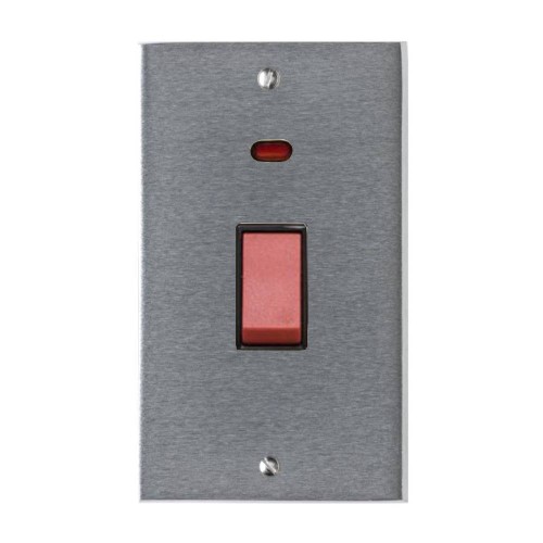 45A Cooker Switch with Neon Twin/Tall Plate Victorian Satin Chrome Plain Edge Raised Plate Red Rocker Black Trim