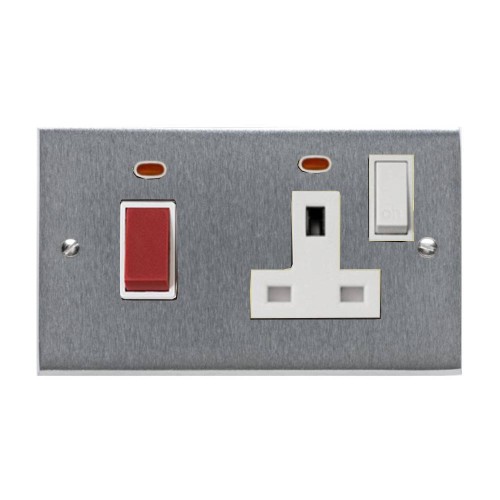 45A Cooker Unit with a 13A Switched Socket and Neon Indicators Victorian Satin Chrome Plain Edge Raised Plate White Trim and Switch