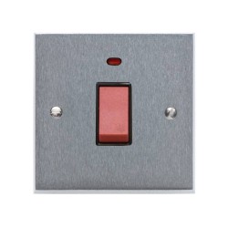 1 Gang 45A Red Rocker Cooker Switch with Neon on a Single Plate Victorian Satin Chrome Plain Edge Raised Plate Black Trim