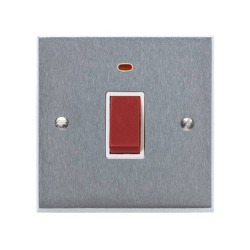 1 Gang 45A Red Rocker Cooker Switch with Neon on a Single Plate Victorian Satin Chrome Plain Edge Raised Plate White Trim