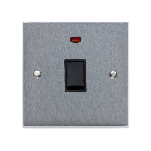 1 Gang 20A Double Pole Switch with Neon Victorian Satin Chrome Plain Edge Raised Plate Black Plastic Rocker and Trim