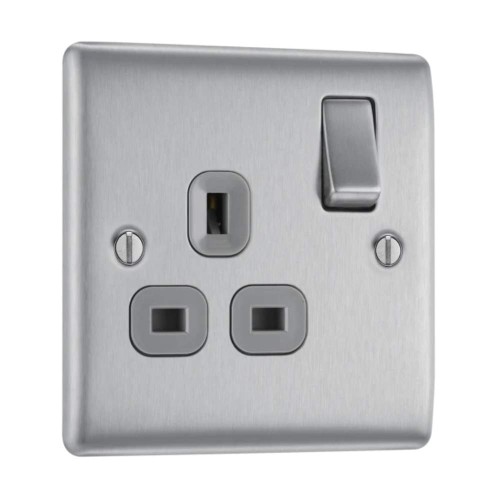 1 Gang 13A Single Switched Socket in Brushed Steel with Grey Insert, BG Nexus NBS21G-01 Metal Raised Plate
