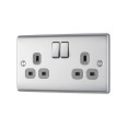 2 Gang 13A Twin Switched Socket in Brushed Steel with Grey Insert, BG Nexus NBS22G Metal Raised Plate