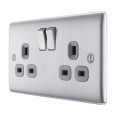 2 Gang 13A Twin Switched Socket in Brushed Steel with Grey Insert, BG Nexus NBS22G Metal Raised Plate