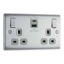 2 Gang 13A Switched Socket c/w 45W USB-C charger + 30W USB-A Fast Charging Brushed Steel Raised Plate BG NBS22UAC45G-01
