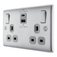 2 Gang 13A Switched Socket c/w 45W USB-C charger + 30W USB-A Fast Charging Brushed Steel Raised Plate BG NBS22UAC45G-01