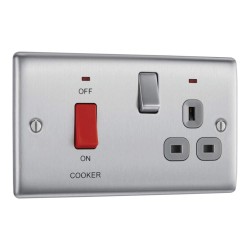 2 Gang 45A Cooker Control Unit DP Switch with 13A Switched Socket and LED Indicators BG Nexus NBS70G-01 Brushed Steel Raised Plate