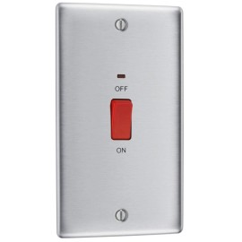 45A Double Pole Red Rocker Cooker Switch with LED Indicator Double Plate BG Nexus NBS72-01 Brushed Steel Raised Plate
