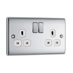 2 Gang 13A Double Pole Switched Socket in Polished Chrome with White Trim Raised Plate, BG Nexus NPC22W-01