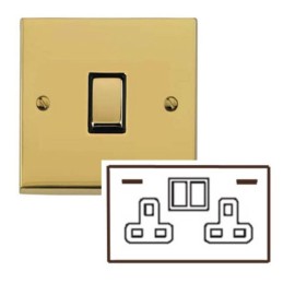 2 Gang 13A Socket with USB A+C Sockets Low Profile Polished Brass Plate and Rockers with Black Plastic Trim Richmond Elite