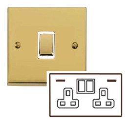 2 Gang 13A Socket with USB A+C Sockets Low Profile Polished Brass Plate and Rockers with White Plastic Trim Richmond Elite