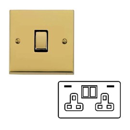2 Gang 13A Socket with 2 USB A+C Sockets Raised Polished Brass Plate and Rockers with Black Plastic Insert Victorian Elite