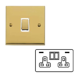 2 Gang 13A Socket with 2 USB A+C Sockets Raised Polished Brass Plate and Rockers with White Plastic Insert Victorian Elite