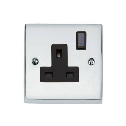 1 Gang 13A Switched Single Socket Victorian Polished Chrome Plain Raised Plate Black Switch and Trim
