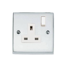 1 Gang 13A Switched Single Socket Victorian Polished Chrome Plain Raised Plate White Switch and Trim