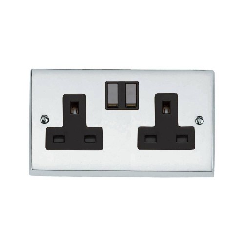 2 Gang 13A Switched Twin Socket Victorian Polished Chrome Plain Raised Plate Black Switch and Trim