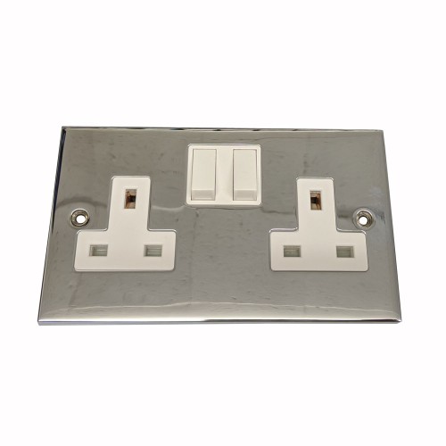 2 Gang 13A Switched Twin Socket Victorian Polished Chrome Plain Raised Plate White Switch and Trim