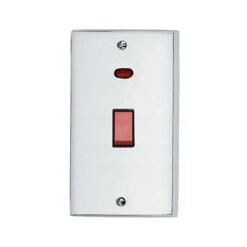 45A Cooker Switch with Neon Twin/Tall Plate Victorian Polished Chrome Plain Raised Plate Red Rocker Black Trim