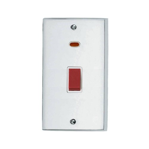 45A Cooker Switch with Neon Twin/Tall Plate Victorian Polished Chrome Plain Raised Plate Red Rocker White Trim