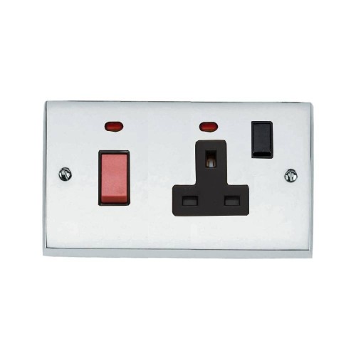 45A Cooker Unit with a 13A Switched Socket and Neon Indicators Victorian Polished Chrome Plain Raised Plate Black Trim and Switch