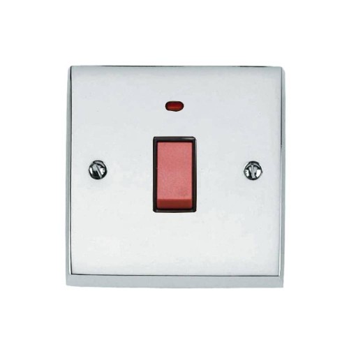 1 Gang 45A Red Rocker Cooker Switch with Neon on a Single Plate Victorian Polished Chrome Plain Raised Plate Black Trim