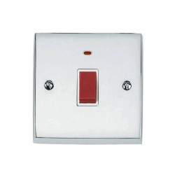 1 Gang 45A Red Rocker Cooker Switch with Neon on a Single Plate Victorian Polished Chrome Plain Raised Plate White Trim