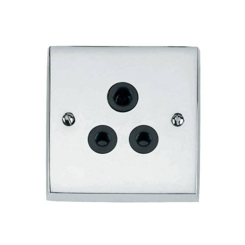 1 Gang 5A 3 Round Pin Unswitched Socket Victorian Polished Chrome Plain Raised Plate Black Trim