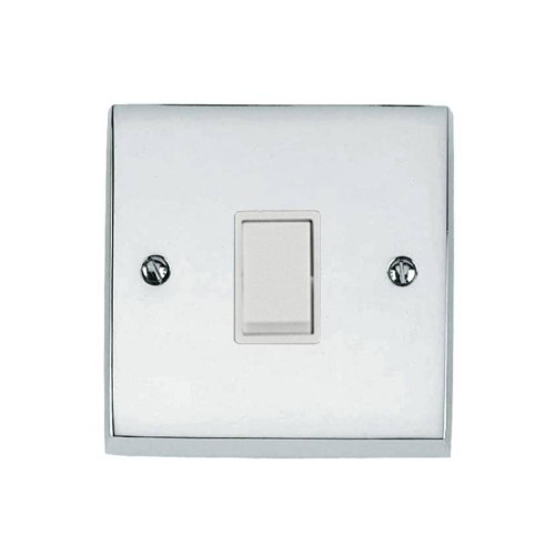 1 Gang 20A Double Pole Switch Victorian Polished Chrome Plain Raised Plate White Plastic Rocker and Trim