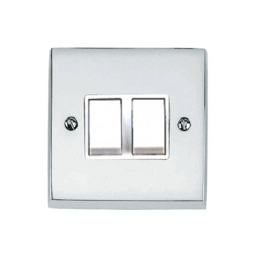 2 Gang 2 Way 6A Rocker Switch Victorian Polished Chrome Plain Raised Plate White Plastic Rockers and Trim