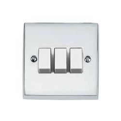 3 Gang 2 Way 6A Rocker Switch Victorian Polished Chrome Plain Raised Plate White Plastic Rockers and Trim