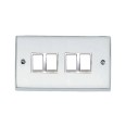 4 Gang 2 Way 6A Rocker Switch Victorian Polished Chrome Plain Raised Plate White Plastic Rockers and Trim