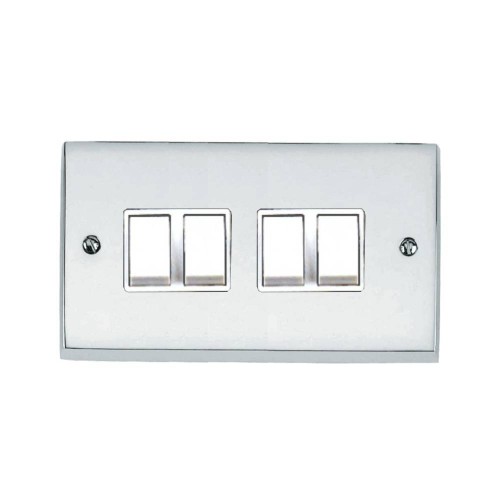 4 Gang 2 Way 6A Rocker Switch Victorian Polished Chrome Plain Raised Plate White Plastic Rockers and Trim