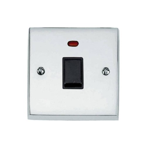 1 Gang 20A Double Pole Switch with Neon Victorian Polished Chrome Plain Raised Plate Black Plastic Rocker and Trim