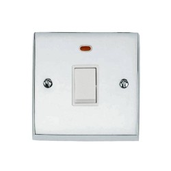 1 Gang 20A Double Pole Switch with Neon Victorian Polished Chrome Plain Raised Plate White Plastic Rocker and Trim