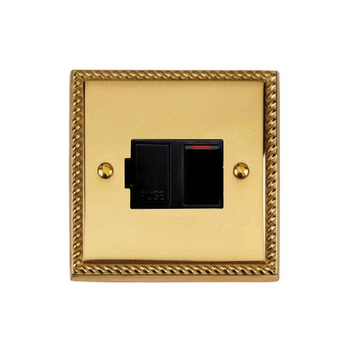 1 Gang 13A Switched Spur (Fused) Georgian Polished Brass Rope Edge Raised Plate and Black Trim and Switch