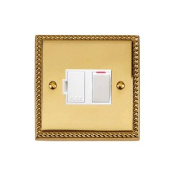 1 Gang 13A Switched Spur (Fused) Georgian Polished Brass Rope Edge Raised Plate with White Trim and Switch
