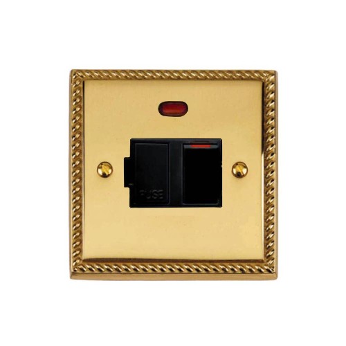 1 Gang 13A Switched Spur with Neon Georgian Polished Brass Rope Edge Raised Plate with Black Trim and Switch
