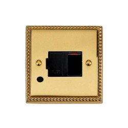 1 Gang 13A Switched Spur with Cord Outlet Georgian Polished Brass Rope Edge Raised Plate Black Trim and Switch