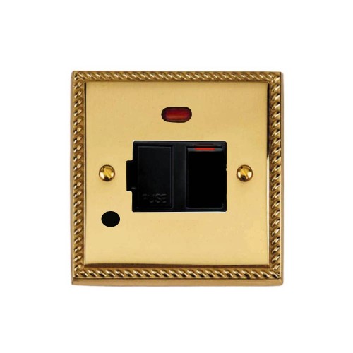 1 Gang 13A Switched Fused Spur with Neon and Cord Outlet Georgian Polished Brass Rope Edge Raised Plate Black Trim and Switch
