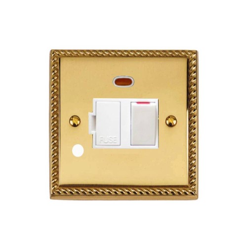 1 Gang 13A Switched Fused Spur with Neon and Cord Outlet Georgian Polished Brass Rope Edge Raised Plate White Trim and Switch
