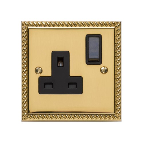 1 Gang 13A Switched Single Socket Georgian Polished Brass Rope Edge Raised Plate Black Switch and Trim