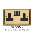 2 Gang 13A Switched Twin Socket Georgian Polished Brass Rope Edge Raised Plate White Switch and Trim