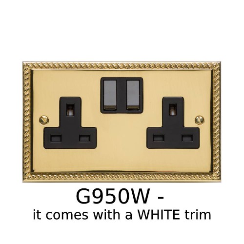 2 Gang 13A Switched Twin Socket Georgian Polished Brass Rope Edge Raised Plate White Switch and Trim