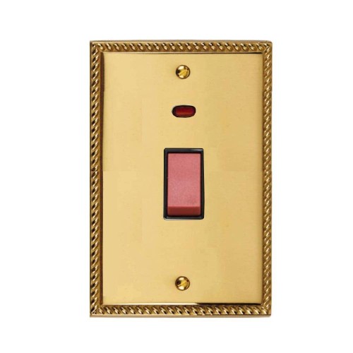 45A Cooker Switch with Neon Twin/Tall Plate Georgian Polished Brass Rope Edge Raised Plate Red Rocker Black Trim